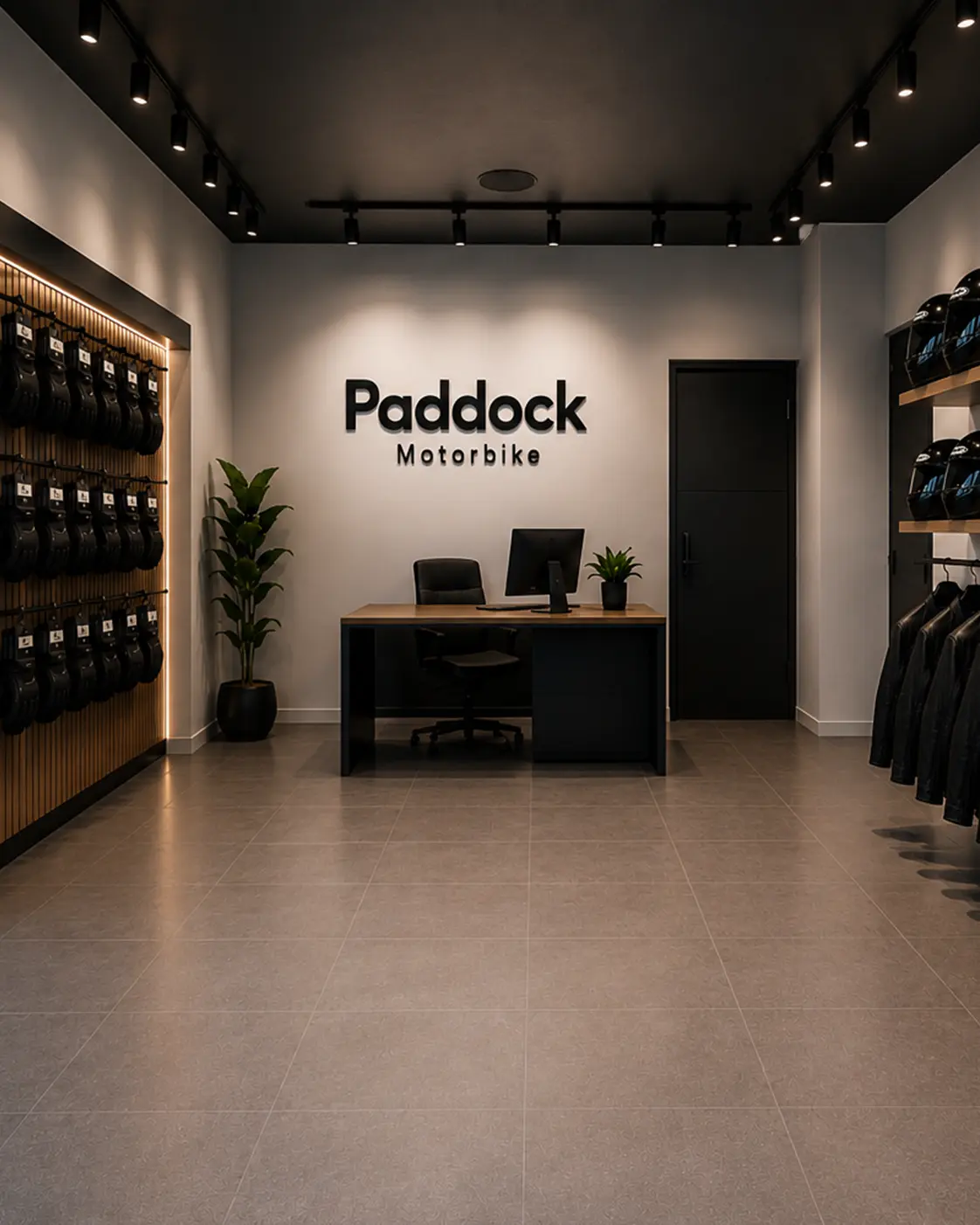 Interior de la oficina de Paddock Motorbike, empresa de alquiler de motos en Tenerife Sur con cascos y equipamiento incluidos.