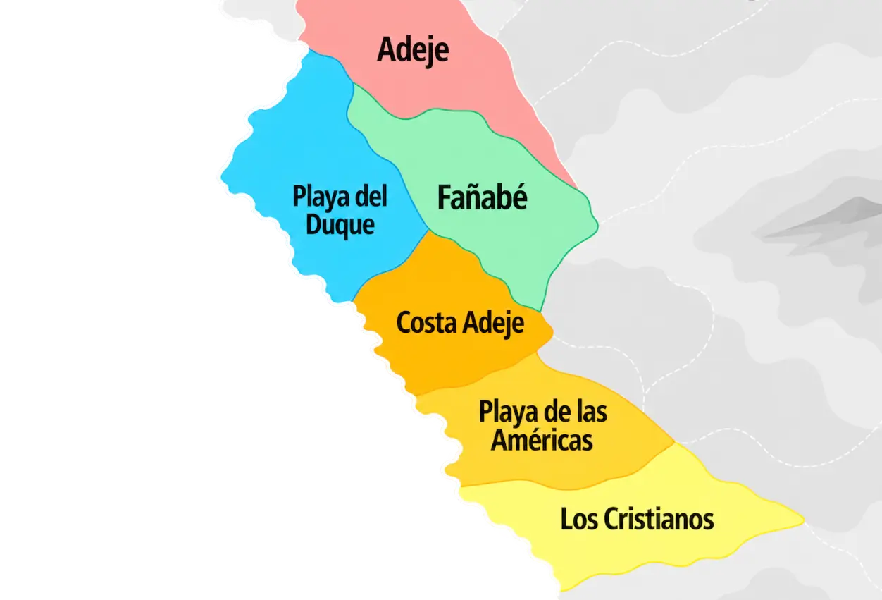 Mapa detallado de las zonas de entrega gratuita en el sur de Tenerife